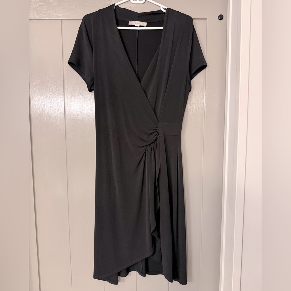 LOFT Black Faux Wrap Career Casual Work Dress L - Picture 2 of 9